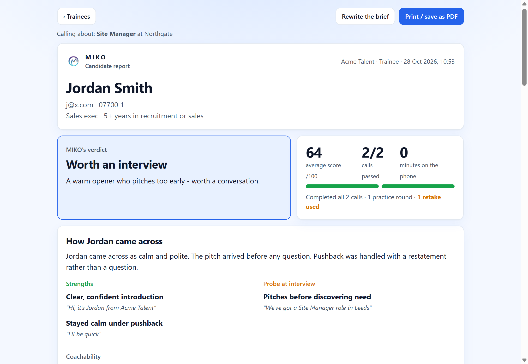 A candidate report: verdict, the brief, skills and the call player