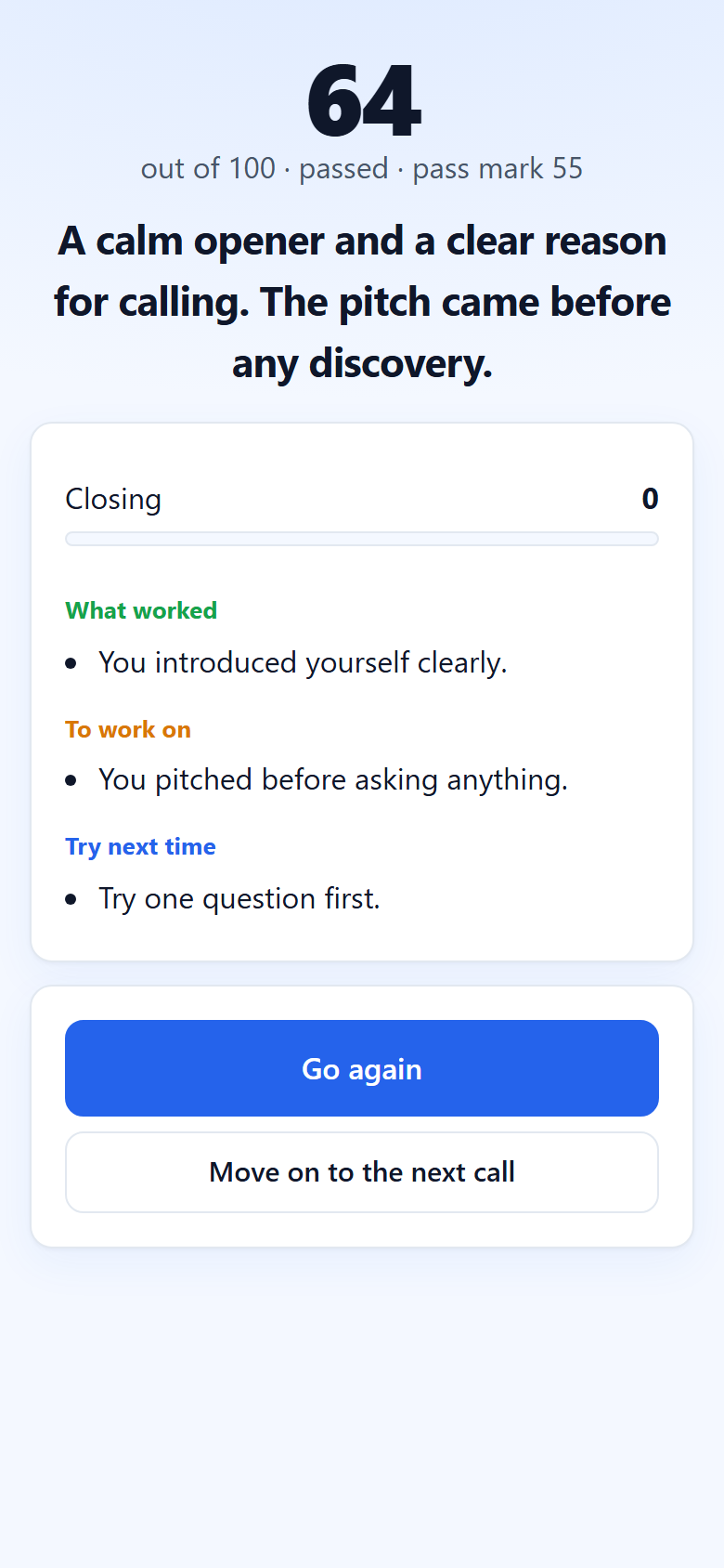 Practice feedback on a phone: score, what worked, what to change